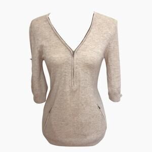 BCBG Beige Heather Zip Front Sweater Size S Roll Up Sleeves Soft & Cozy Casual